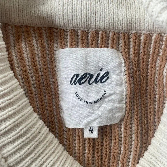 Aerie Chenille Striped Oversized Knit Sweater Pullover Tan Cream XL Chunky - Picture 5 of 8